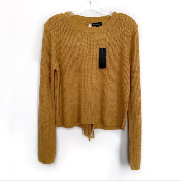 BOUTIQUE BACK LACE-UP RAGLAN LONG SLEEVE LOW-GAUGE MUSTARD SWEATER SIZE L - Picture 5 of 6